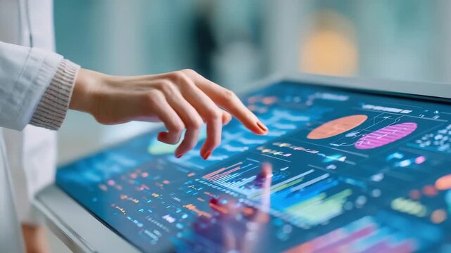 AI powered medical diagnostics technology on touchscreen display showing colorful healthcare charts and graphs for analysis