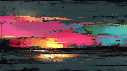 Abstract sunset landscape, textured, vibrant colors