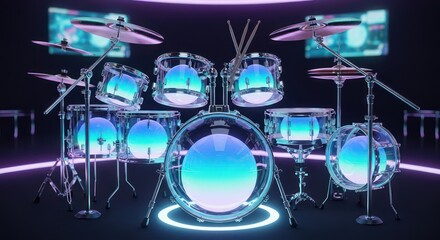 Futuristic Transparent Drum Set with Vibrant Blue Lighting