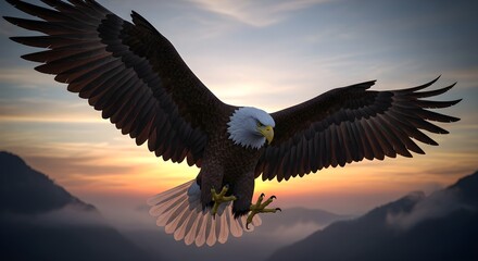 Obraz premium Majestic Bald Eagle in Golden Hour Flight, Wings Spread Over Misty Mountains.