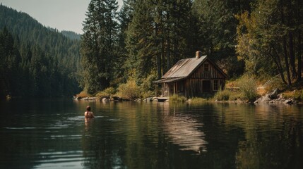 A person swimming in a lake at a rustic cabin. The scene is serene, calm, and full of a sense of retreat.