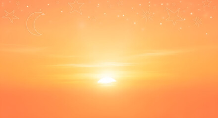 Serene sunrise over a warm, orange horizon, casting a gentle glow with subtle celestial accents of stars and a crescent moon, creating a peaceful, ethereal ambiance for tranquil moments