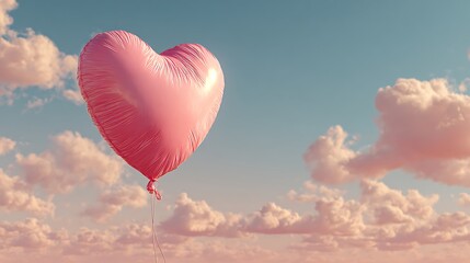 Fototapeta premium Single floating Valentine heart balloon in pink pastel sky with large blank space, minimal design, romantic love illustration, festive decoration, dreamy floating concept.