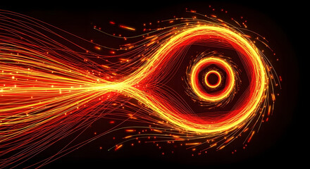 Vivid abstract visualization of energetic plasma trails flowing and expanding into a luminous, circular vortex with glowing particles, symbolizing cosmic phenomena or data streams