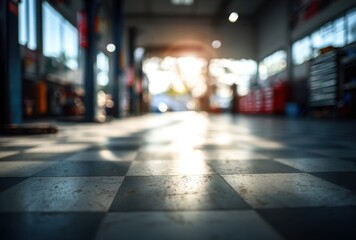 Fototapeta premium Blurred indoor scene of a busy marketplace or shopping mall with natural light streaming through large and people walking around