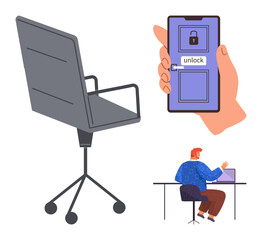 Fototapeta premium Office chair, mobile app unlocking a door, man typing on laptop. Ideal for technology, security, office work, remote work, productivity innovation and smart solutions. Simple flat metaphor