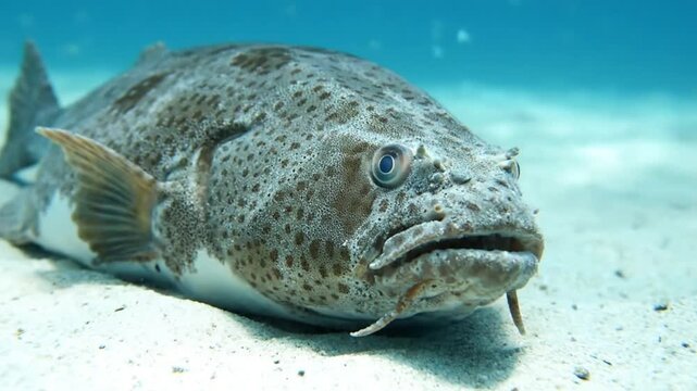 large camouflaged fish resting on sandy ocean floor