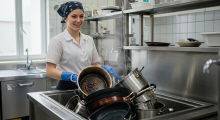 Smiling Young Chef Handles Dirty Pots in Commercial Kitchen