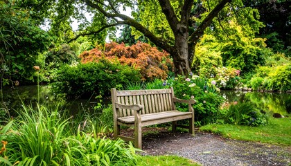 Obraz premium Peaceful garden bench by water