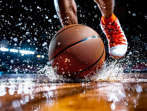 Basketball Player Dribbling in the Rain.