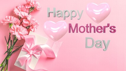 Happy Mother’s Day Greeting Card with Pink Carnations, Gift Box, and Hearts