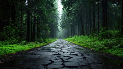 Serene Pathway Through Lush Green Forest Surrounded by Tall Evergreen Trees and Misty Atmosphere