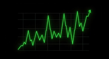 Vibrant green neon line graph displays fluctuating upward trend against a stark black background symbolizing growth