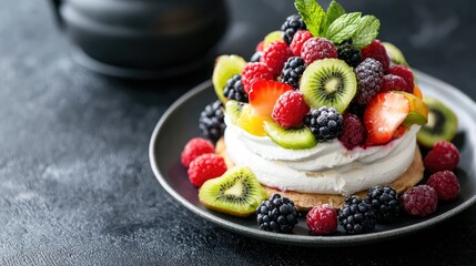 Delicious layered dessert with fresh berries, mint leaves, and cream on a dark background