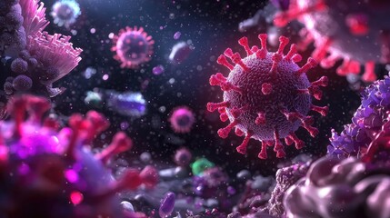 Microbial World: Vibrant Illustration of Virus Structure, Cells, and Microscopic Life in Deep Space