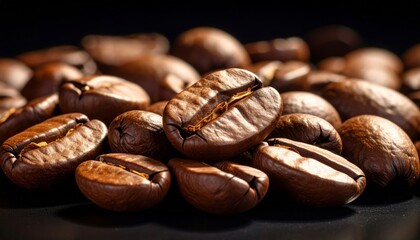 Close-up of dark roasted coffee beans, full of rich aroma