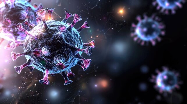 Detailed Macro View of Virus Cell with Colorful Spike Proteins on Dark Background in Abstract Style