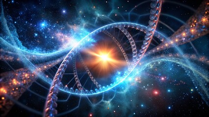 Abstract glowing dna strands forming galaxy like spiral futuristic medical background
