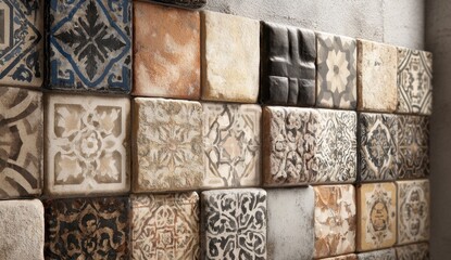 Close-up View of Various Decorative Stone Tiles with Intricate Patterns and Textures for Interior Design