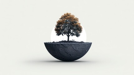 A single tree with golden leaves grows from a dark semi spherical landmass