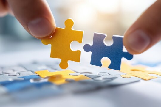 Hands fitting two colorful puzzle pieces together - Powered by Adobe