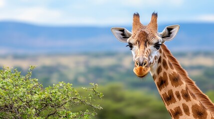 Majestic Giraffe Portrait Against Scenic African Landscape in Natural Habitat