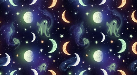 Whimsical halloween seamless pattern featuring ghosts, moons, and stars on dark backdrop, concept for spooky party invitation, festive wrapping paper and halloween background decoration