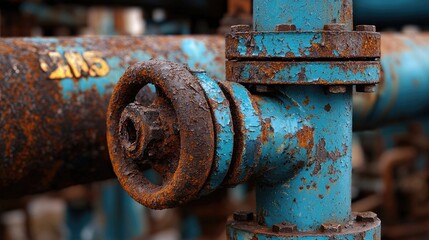 Rusty Pipe Fitting with Blue Paint and Corrosion on Industrial Equipment in Close-Up View