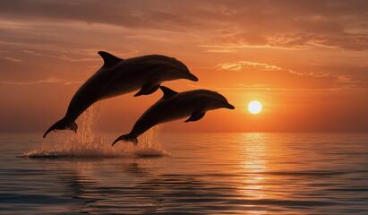 Fototapeta premium Magical moment of dolphins jumping above the ocean at sunset, ideal for travel, nature, wellness and inspiration content, symbolizing freedom, harmony, and the beauty of marine life.