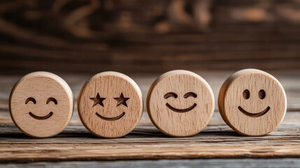 Wooden Emotion Icons on Rustic Background for Happiness, Satisfaction, and Mood Representation
