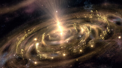 Pulsating circular sound waves with golden notes emanate healing energy symbolizing music therapy's restorative power
