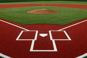 A view of an empty baseball field showcasing the infield, pitcher's mound, and home plate area.