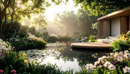 Elegant Greeting Card Template Featuring Tranquil Pond, Delicate Flora and Stylish Edges for Messages