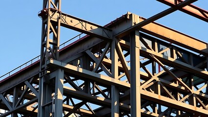 Naklejka premium Industrial steel structure with geometric patterns, highlighting construction progress under clear skies.
