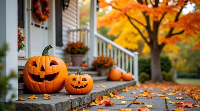 Two carved pumpkins on a porch with fall foliage and a wreath on the front door of the house