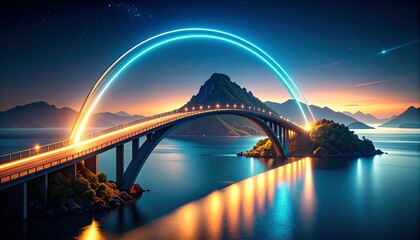 Obraz premium A futuristic bridge spanning a wide body of water, highlighted by two glowing arches of light. This artwork symbolizes innovation, connection, and overcoming distance with technology.
