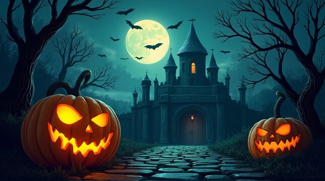 Halloween Two jack o lanterns illuminate a stone path leading to a dark castle under a full moon night sky