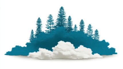 Fototapeta premium Stylized dark blue coniferous forest silhouette rising above fluffy white clouds