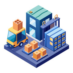 Isometric illustration of a logistics and delivery hub with a truck and cargo