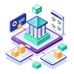 Isometric illustration of digital banking and financial technology services