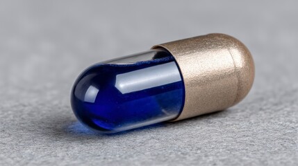 Naklejka premium A single medical capsule with blue liquid and a metallic gold band pill