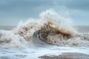 Turbulent waters: a powerful wave crashes on a cloudy day at the sea