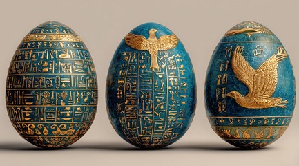 Fototapeta premium Ancient Egyptian Easter Eggs: A Trio of exquisitely decorated eggs, each a testament to the artistry of a bygone era, adorned with hieroglyphs, golden embellishments, and avian motifs.