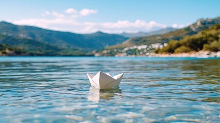 Naklejka premium Serene Paper Boat Floating on Calm Water with Mountains in Background Under Clear Blue Sky