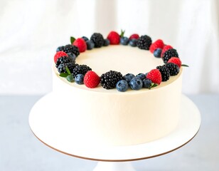 Round, white cake adorned with a ring of fresh berries