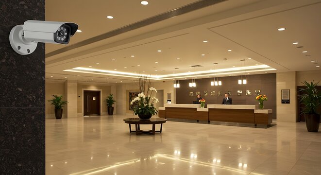 Security camera monitoring a modern hotel lobby and reception area