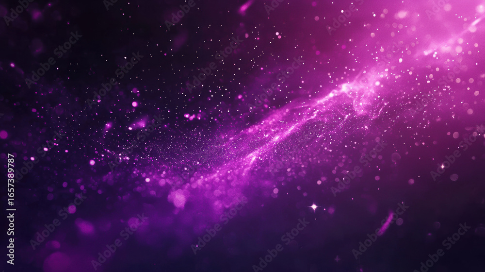 Poster a purple background with particles or elements randomly drifting in space.
