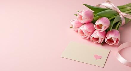 Pink tulips bouquet with greeting card and ribbon