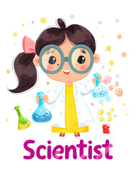 adorable cartoon of a young child dressed as a scientist, wearing a white lab coat and oversized goggles