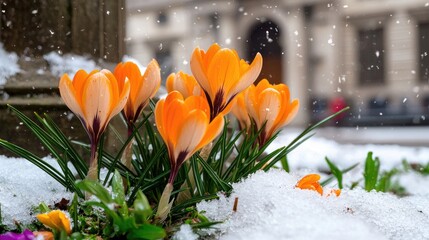 Beautiful orange crocus flowers blooming in snowflakes during early spring in a city garden environment
